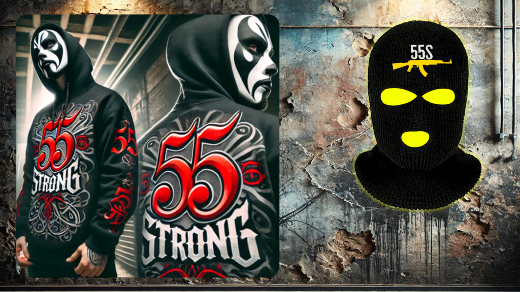 A Juggalo wearing a black 55 Strong hoodie with bold streetwear style, featuring the 55 Strong ski mask logo, standing in an urban graffiti-filled environment.